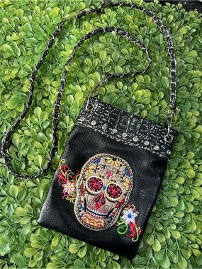 Black Embroidered Sugar Skull Crossbody Bag